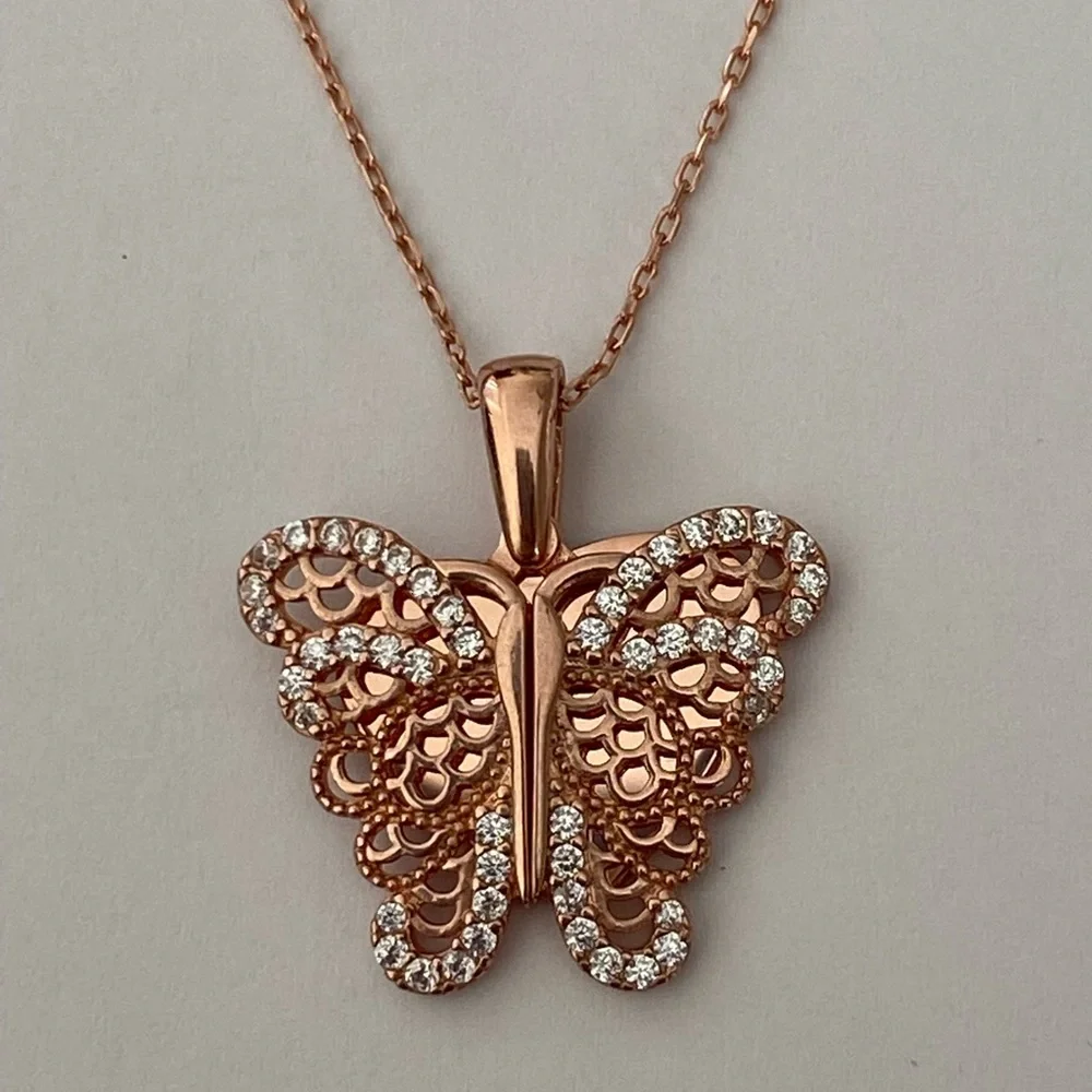925 Silver butterfly initial cz double heart necklace 14K rose gold plated